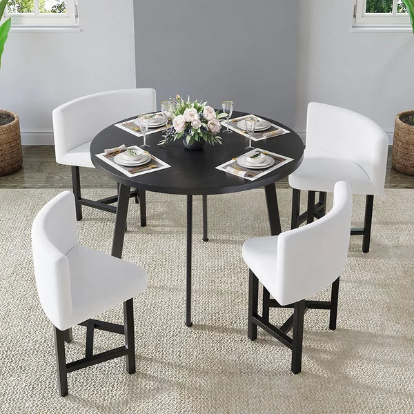 1000mm Round Wooden Small Dining Table Set for 4 White Upholstered Chairs